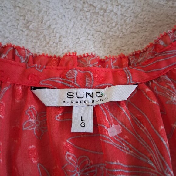 Alfred Sung Women's Size L Poppy Red Floral Ruffle Peasant Sheer Sleeveless Top - Picture 4 of 9